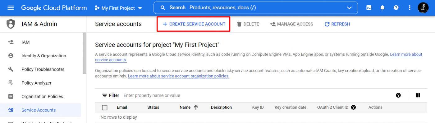 Создание нового сервисного аккаунта в Google Cloud Platform