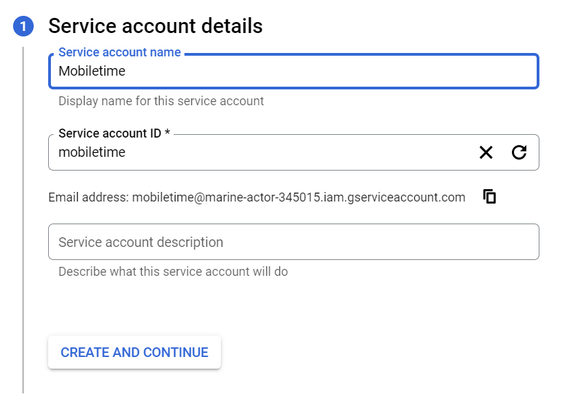 Заполнение данных для нового сервисного аккаунта в Google Cloud Platform