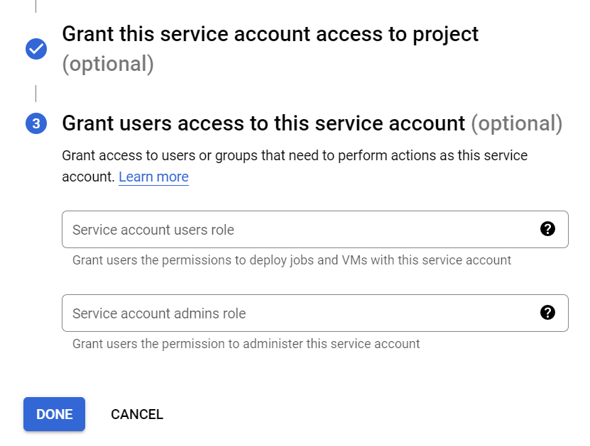 Заполнение данных для нового сервисного аккаунта в Google Cloud Platform
